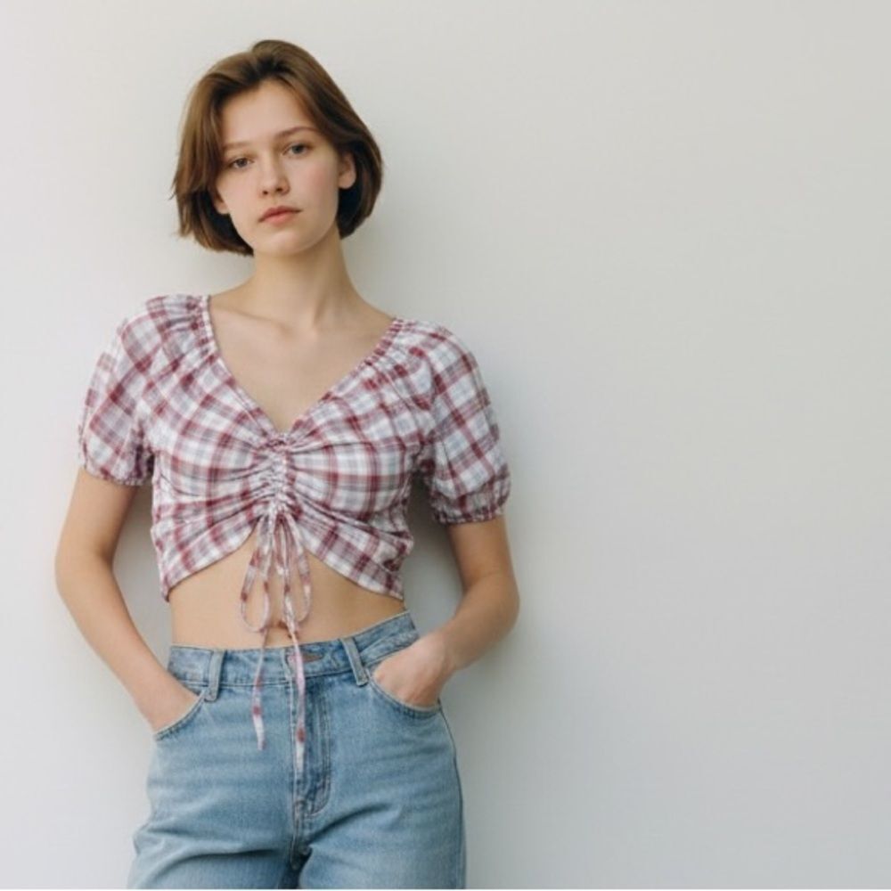Plaid Crop Top Red White Blue Small
